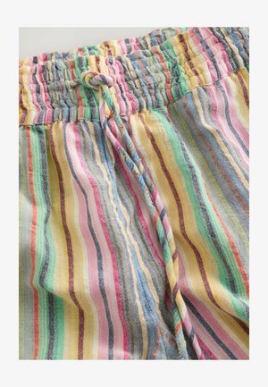 Tessuto a righe colorate con strisce rosa, gialle, verdi e blu. Vita elastica con coulisse, tessuto a trama strutturata.