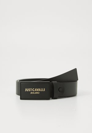 Black leather belt featuring a rectangular buckle with gold "JUST CAVALLI MILANO" branding, smooth texture, and a classic design.