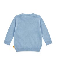 Helles blaues Sweatshirt aus weichem Material, mit geripptem Halsausschnitt und Bündchen, seitlichen Schlitzen und einem kleinen Etikett am Saum.
