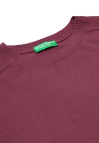 Burgundské pletené svetr s kulatým výstřihem a žebrovaným límcem, se zelenou etiketou "United Colors of Benetton" uvnitř výstřihu.