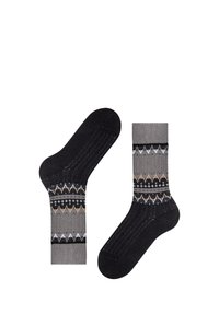 Patterned socks featuring a mix of dark gray and black colors. Textured knit with geometric designs in white, tan, and gray tones on a gray base.