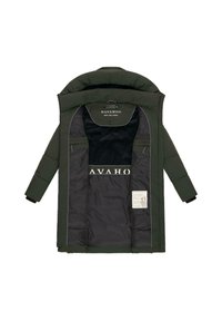 Mörkgrön vinterjacka med huva, öppen för att visa svart inredning, två zip-fickor inuti och märkesetikett "Navahoo" på insidan av kragen.