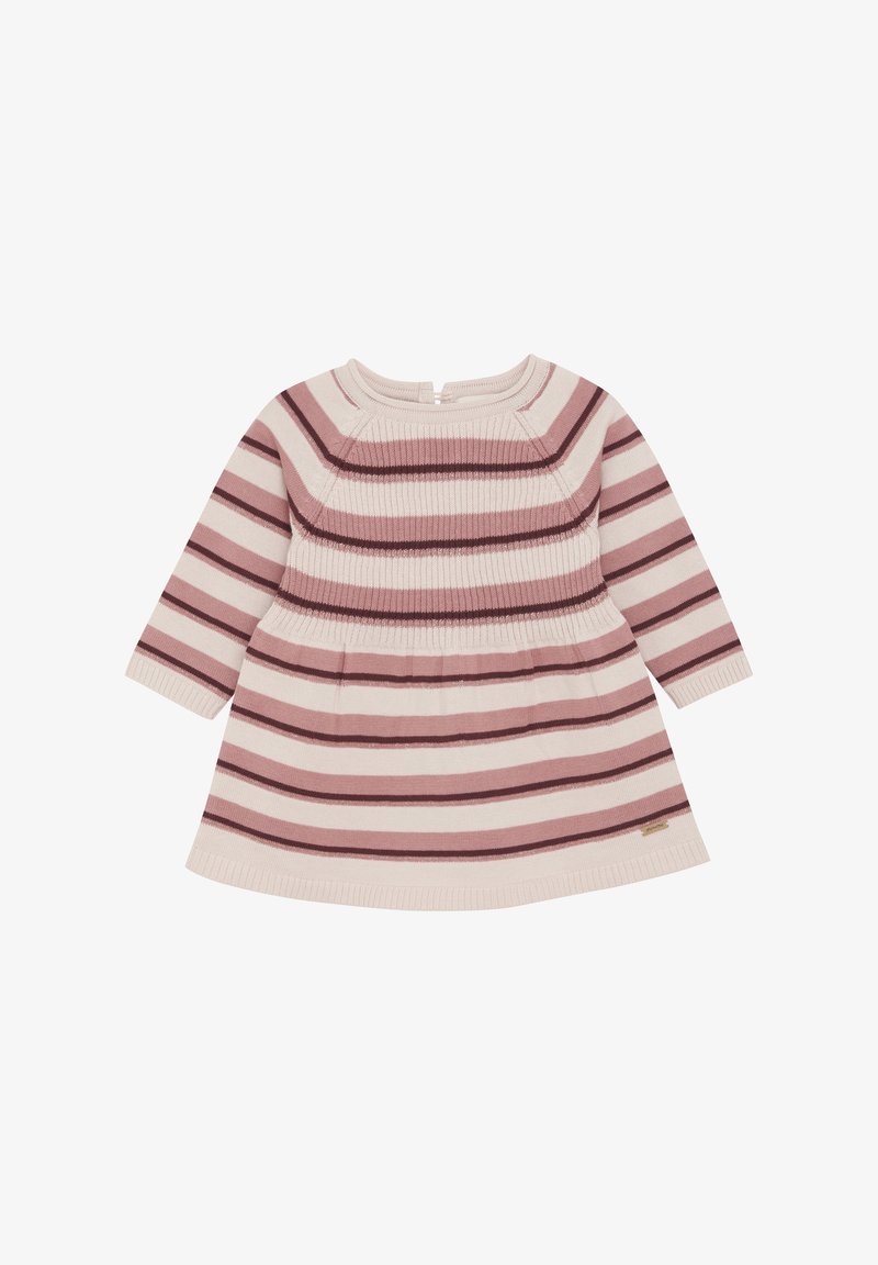 Langärmliges Kleid aus weichem Strickstoff, mit abwechselnden rosa und cremfarbenen Streifen, rundem Ausschnitt und ausgestellt Rock. Knopfverschluss hinten.