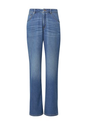 Hellblaue Denim-Jeans mit geradem Beinschnitt, Fünf-Taschen-Design und dezentem Verblassen. Messingfarbene Hardware-Akzente und Gürtelschlaufen an der Taille.