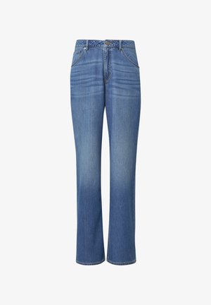 Jasnoniebieskie dżinsy o prostym kroju, pięć kieszeni, z subtelnym przyciemnieniem. Mosiężne akcenty oraz szlufki na pasek w talii.