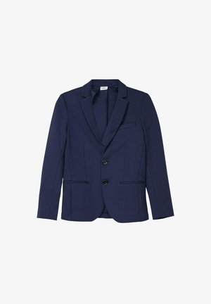Blazer bleu marine avec un revers cranté, deux boutons à l'avant et trois poches, présenté sur un fond blanc.