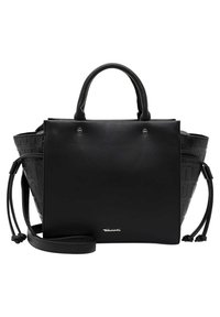 Svart håndveske med teksturert sidesdesign, glatt front, dobbelthåndtak og avtagbar skulderrem. Har sølvfarget hardware-detaljer.