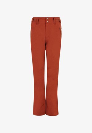 Rode uitlopende broek gemaakt van stevig materiaal met een gladde textuur, voorzien van twee zijzakken en twee knoopsluitingen aan de tailleband.