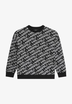Sudadera negra con texto repetido en blanco que dice "KARL LAGERFELD." Cuello redondo, mangas largas, puños y dobladillo acanalados. Textura de tela suave.