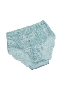 Braguitas de encaje azul claro con patrones florales, bordes en forma de concha y una cinturilla de tela sólida para mayor comodidad.