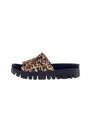 Infradito con stampa leopardata, dotate di una fascia larga, suola in gomma nera, dettagli texturizzati e fondo spesso e rigato per comfort e supporto.