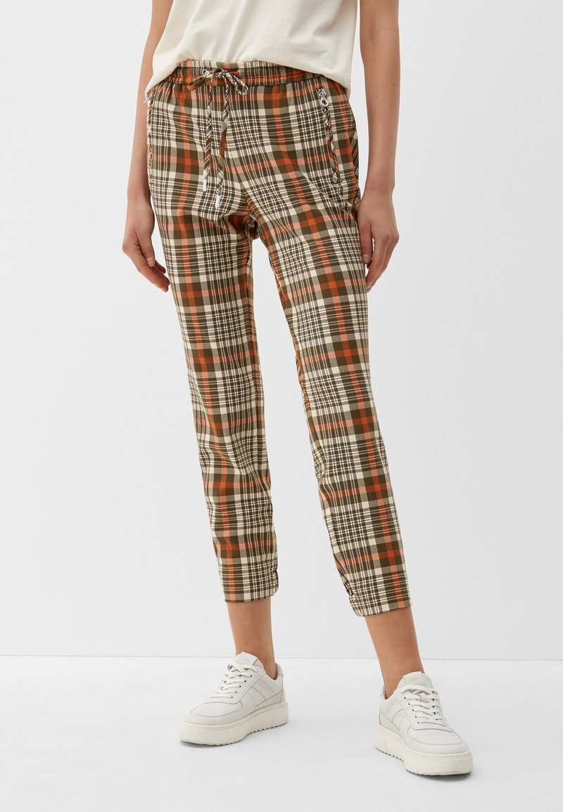 Pantalons à cordon en vichy dans des tons terreux de marron, orange et crème ; dotés de deux poches latérales et d'une coupe fuselée.