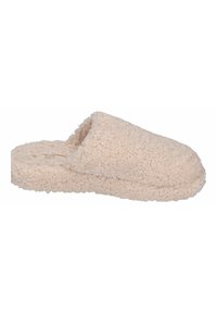 Beige pluche pantoffels met een fuzzy textuur, zonder achterkant, een ronde neus en een zachte, comfortabele voering. Geschikt voor binnenshuis gebruik.