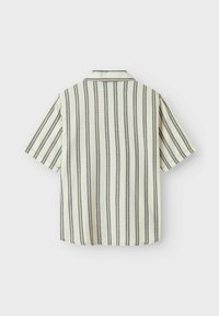 Korteermet skjorte i kremfarge med vertikale svarte striper, med klassisk krage og en avslappet silhuett med rett nederkant.