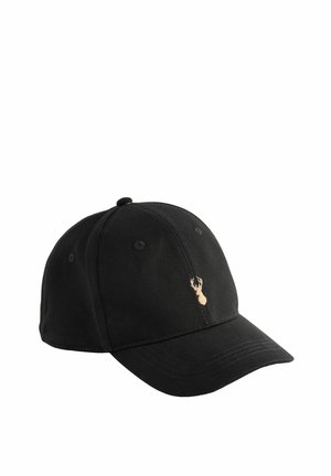 Schwarze Baseballmütze aus Baumwolle mit einem gestickten Hirsch-Emblem auf der Vorderseite und einem gebogenen Schirm. Einfaches, strukturiertes Design mit einem Knopf oben.