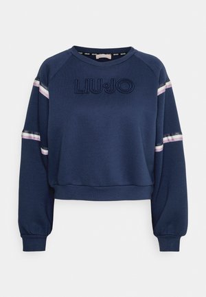 Marineblå langærmet sweatshirt med teksten "LIU JO" på brystet og pink, hvide og sølvfarvede striber på de øverste ærmer og arme.