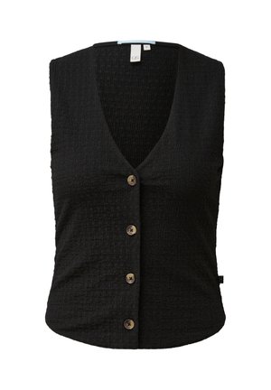 Veste noire sans manches texturée avec col en V et quatre boutons marron sur le devant, taille small, sans poches ni ornements apparents.
