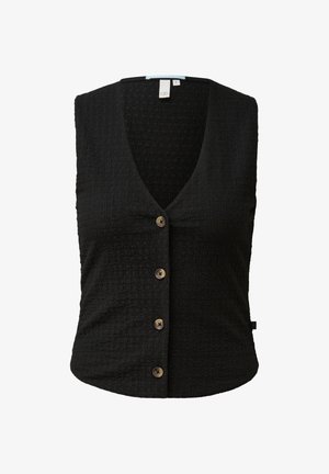 Czarna, bezrękawnikowa, teksturowana kamizelka z dekoltem w serek i czterema brązowymi guzikami z przodu, rozmiar mały, bez widocznych kieszeni ani zdobień.