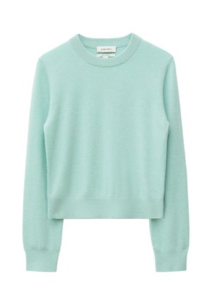 Vaaleanvihreä pitkähihainen kashmirneule, jossa pyöreä pääntie ja resorireunukset hihoissa ja helmassa, esitelty valkoisella taustalla.