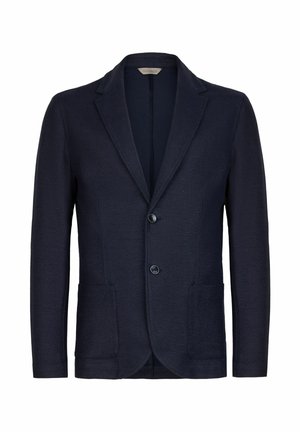 Marineblauer Herrenblazer mit Kerbkragen, zwei vorderen Knöpfen und aufgesetzten Taschen, auf weißem Hintergrund dargestellt.