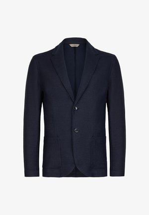 Marineblauer Herrenblazer mit Kerbkragen, zwei vorderen Knöpfen und aufgesetzten Taschen, auf weißem Hintergrund dargestellt.