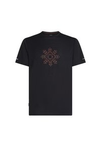 Black short-sleeve t-shirt featuring a geometric orange design at the center. Made of lightweight material with a round neckline and side logo detail.