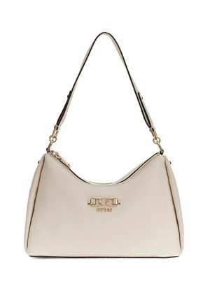 Borsa GUESS beige con una singola tracolla nera, cerniera dorata e logo dorato sul davanti.