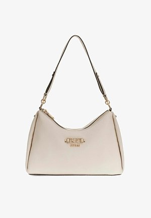 Borsa GUESS beige con una singola tracolla nera, cerniera dorata e logo dorato sul davanti.