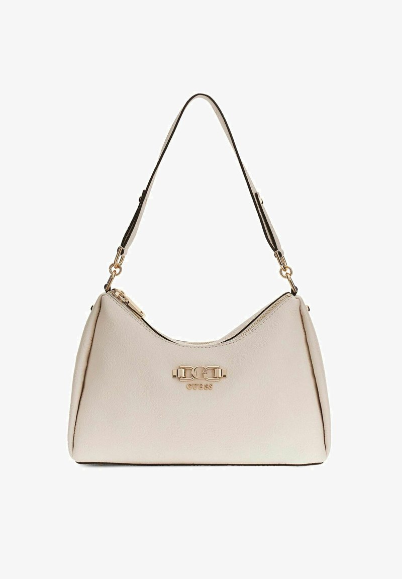 Sac à main beige GUESS avec une seule bandoulière noire, une fermeture éclair dorée et un logo doré sur le devant.