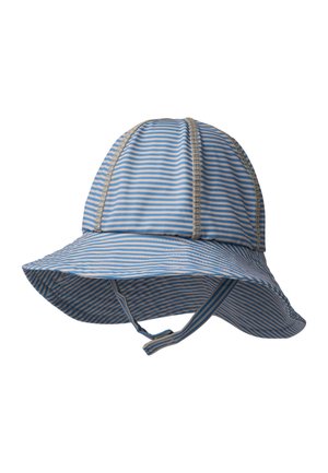 Chapeau de soleil bébé rayé bleu et blanc avec large bord et sangle sous le menton, conçu pour la protection solaire.