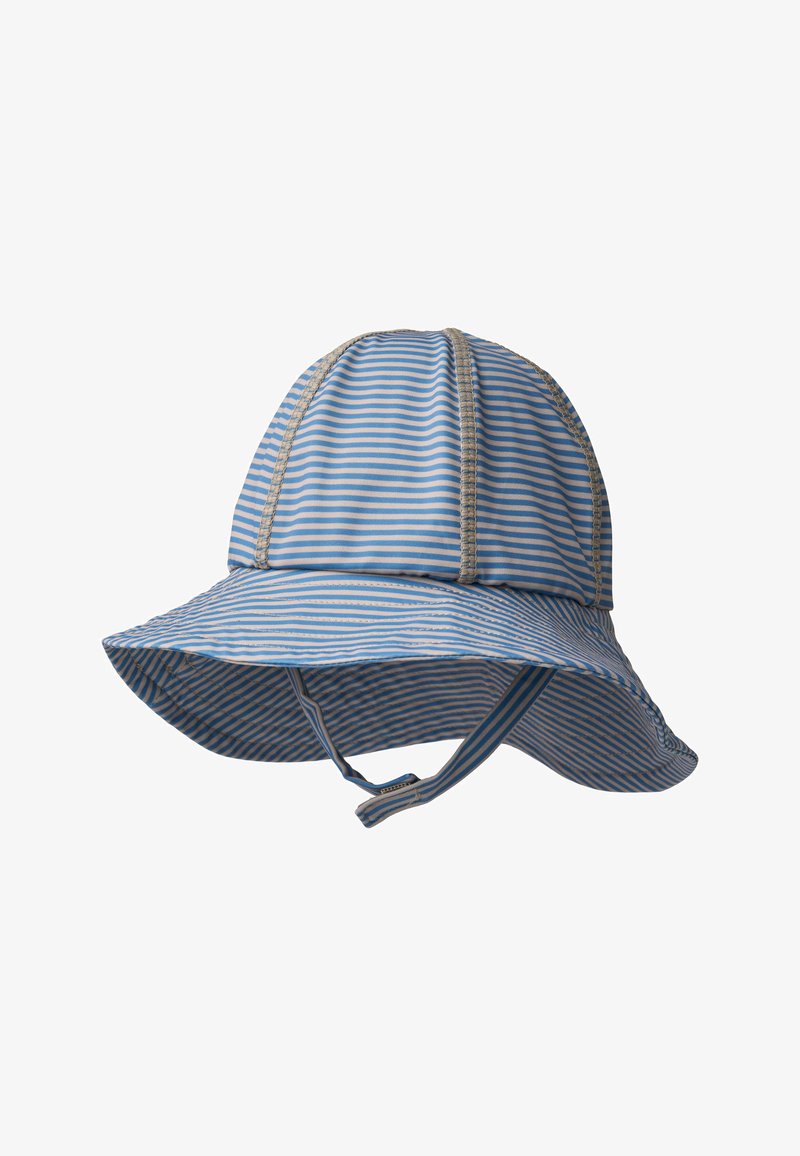 Chapeau de soleil bébé rayé bleu et blanc avec large bord et sangle sous le menton, conçu pour la protection solaire.