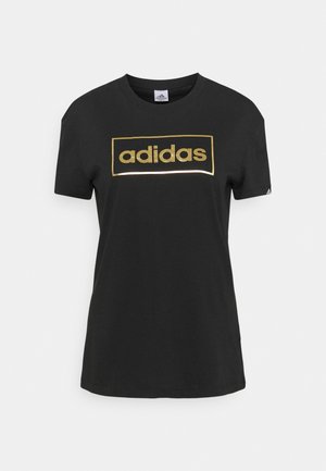 Czarna koszulka Adidas z krótkim rękawem, ze złotym logo i prostokątną ramką na środku klatki piersiowej, z okrągłym dekoltem i małym logo na lewym rękawie.
