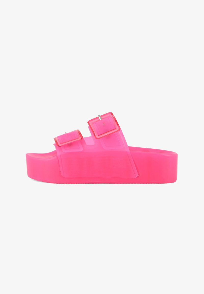 Pink platform sandals with two adjustable buckles, made of transparent rubber material, featuring a smooth texture and rounded silhouette.