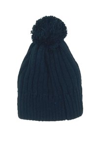 Gebreide beanie-muts in donkerblauw met een geribbelde textuur en een pompon bovenop. Heeft een nauwsluitend ontwerp voor warmte.