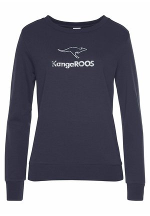 Marineblaue Langarm-Sweatshirt aus Baumwolle, mit einem Känguru-Logo und dem Text "KangaROOS" in metallic Silber auf der Vorderseite.