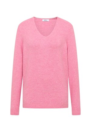 Lyserød strikket sweater med V-udskæring, lange ærmer og ribbede manchetter. Lavet af blødt materiale med en let struktureret, jævn overflade.