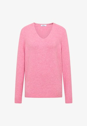 Rosa Strickpullover mit V-Ausschnitt, langen Ärmeln und gerippten Bündchen. Hergestellt aus weichem Material und mit einer leicht strukturierten, einheitlichen Oberfläche.