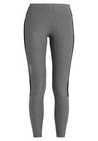 Grå atletiska leggings med svarta sidopaneler, tillverkade av ett elastiskt material, med en åtsittande design och en mjuk textur.