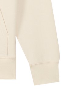 Felpa beige con cappuccio caratterizzata da polsini e orlo a coste, dotata di una texture liscia e tasca a marsupio frontale, che mette in risalto un design semplice e minimalista.