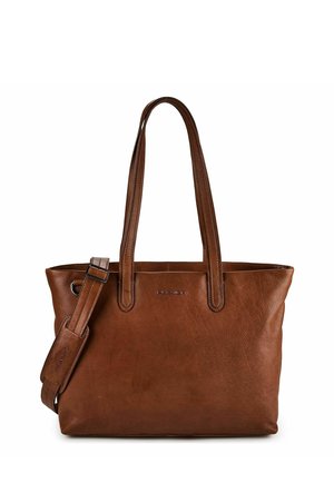 Bolso tote de cuero marrón con dos asas y una correa de hombro ajustable, con un logo de marca sutil en el frente.