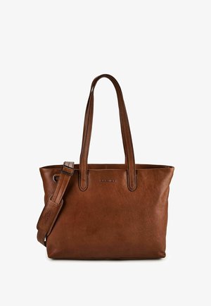 Borsa tote in pelle marrone con due manici e tracolla regolabile, con un logo del marchio discreto sul davanti.