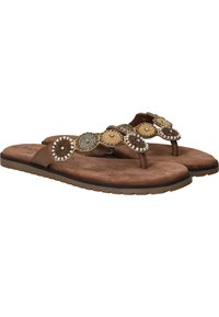 Bruine flip-flops met een suede afwerking, voorzien van een decoratief kralenontwerp in goud, bruin en zilver over de band. Platte zool.