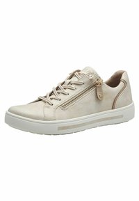 Hellbeige Sneaker mit einer strukturierten Oberfläche, Schnürsenkeln und einem seitlichen Reißverschluss. Verfügt über eine weiße Gummisohle und einen dezenten Akzentstreifen.