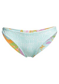 Bikini bottom caratterizzato da una base azzurro chiaro con motivi astratti in verde, arancione e rosa; tessuto morbido con un design a vita media.