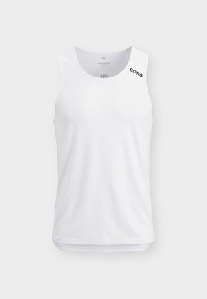 Canotta sportiva bianca senza maniche con scollo rotondo e scritta "BORG" stampata vicino alla spalla sinistra.