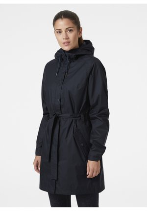 Black raincoat with a hood, adjustable drawstrings, front buttons, belted waist, and side pockets; smooth, lightweight material.