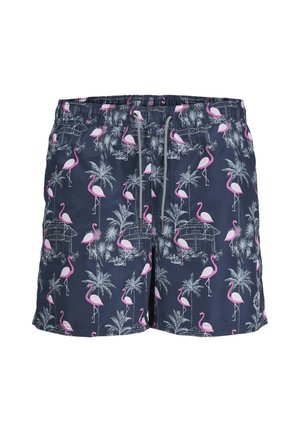 Navyblauwe zwembroek met een herhalend patroon van roze flamingo's en palmbomen, voorzien van een elastische tailleband en een koordsluiting.