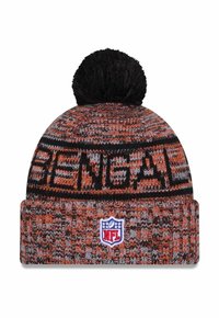 Strickmütze in Orange und Schwarz mit einem Pompon oben. Mit "BENGAL"-Text und NFL-Logo an einem umgeschlagenen Saum. Strukturmuster über die gesamte Mütze.