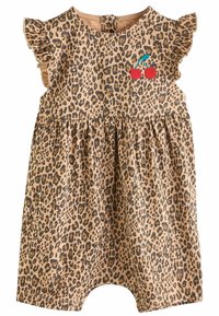 Leopardenmuster-Kleid aus sandfarbenem Stoff, mit Rüschensäumen und roter Kirschstickerei. Plissierter Rock mit weicher Textur.