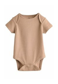Rippstrick-Babybody in hellbeige, mit kurzen Ärmeln, runder Ausschnitt und drei Druckknöpfen im Schritt für ein einfaches Ankleiden.